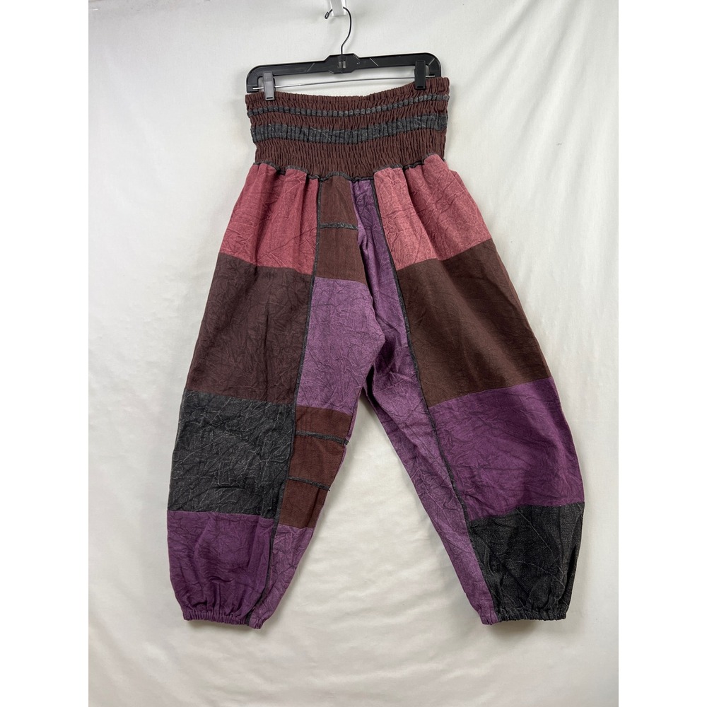 Earthbound Trading Co Harem Pants Women Small Purple Brown Patchwork Smocked